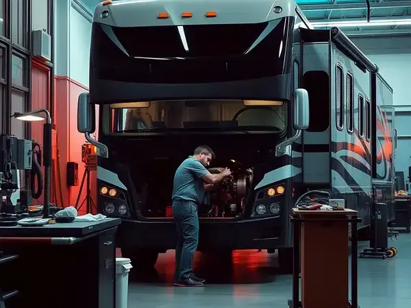 RV repair workshop with mechanic working on engine